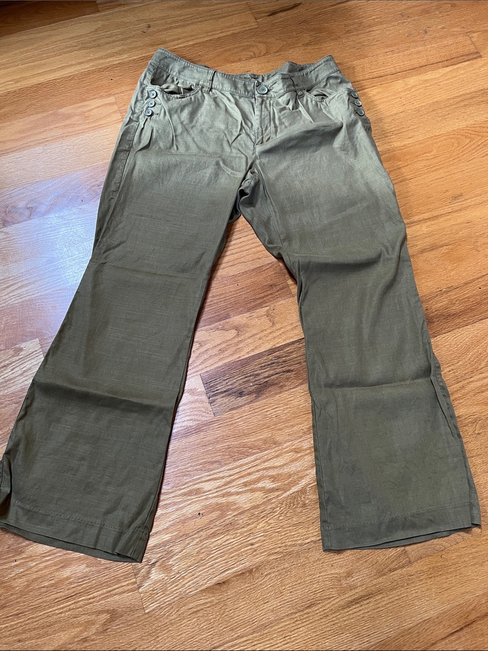 CAbi Olive Wide Leg Linen Pants with Hip Button Detail